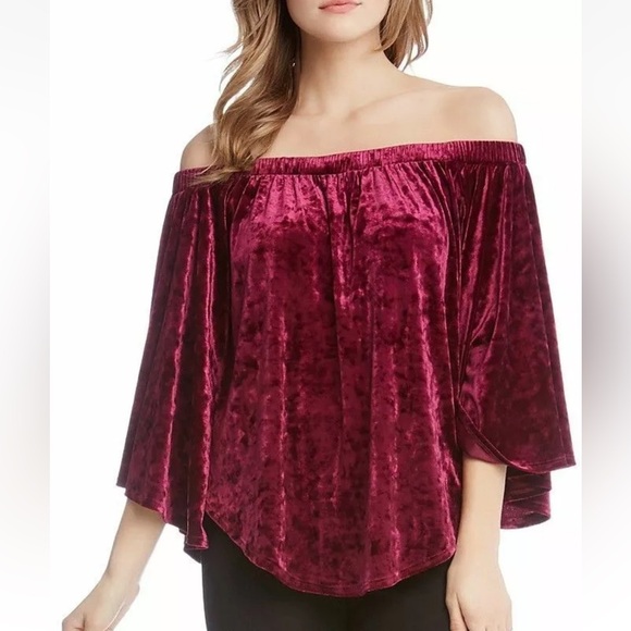 Karen Kane Crushed Velvet Off The Shoulder Bell Sleeve Flowy Boho Top Berry S - Picture 2 of 11